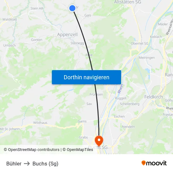 Bühler to Buchs (Sg) map