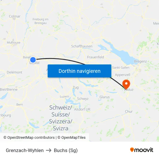Grenzach-Wyhlen to Buchs (Sg) map