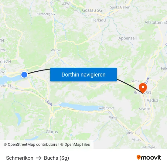 Schmerikon to Buchs (Sg) map