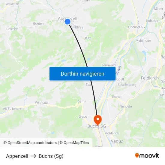 Appenzell to Buchs (Sg) map