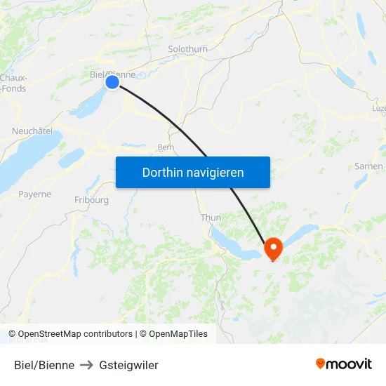 Biel/Bienne to Gsteigwiler map