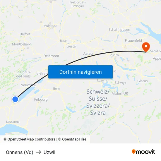 Onnens (Vd) to Uzwil map