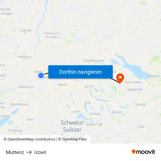 Muttenz to Uzwil map