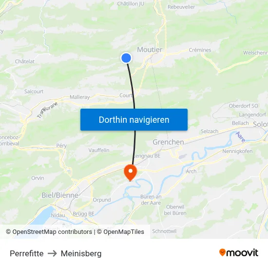 Perrefitte to Meinisberg map