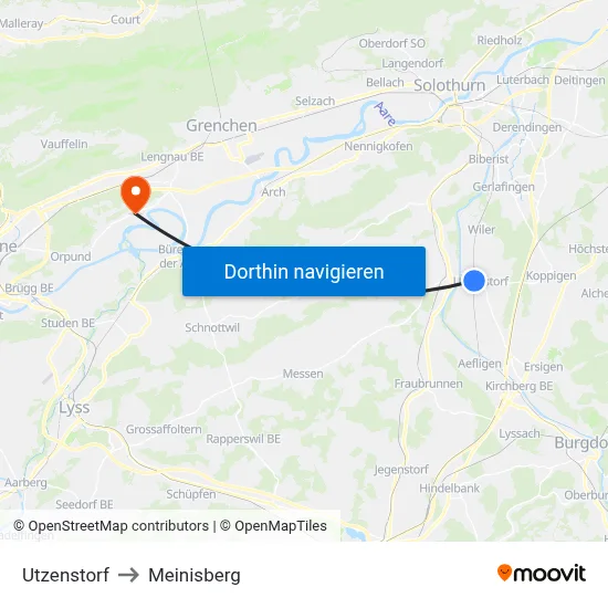 Utzenstorf to Meinisberg map