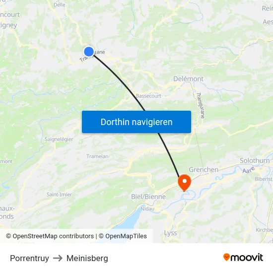 Porrentruy to Meinisberg map
