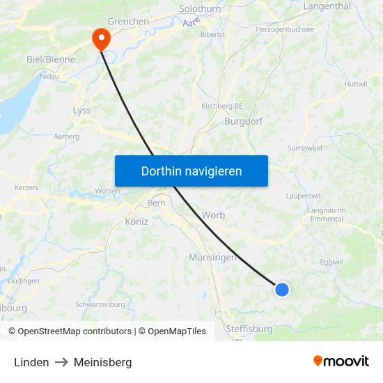 Linden to Meinisberg map