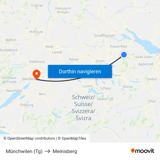 Münchwilen (Tg) to Meinisberg map
