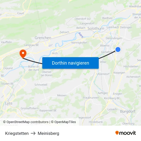 Kriegstetten to Meinisberg map