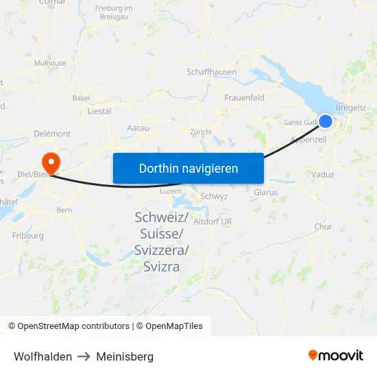 Wolfhalden to Meinisberg map