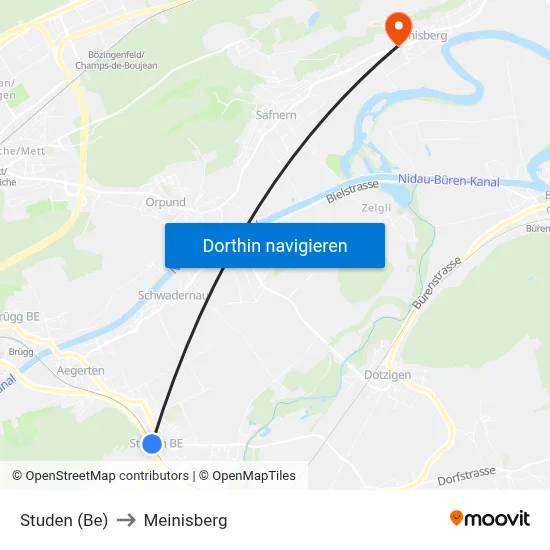 Studen (Be) to Meinisberg map