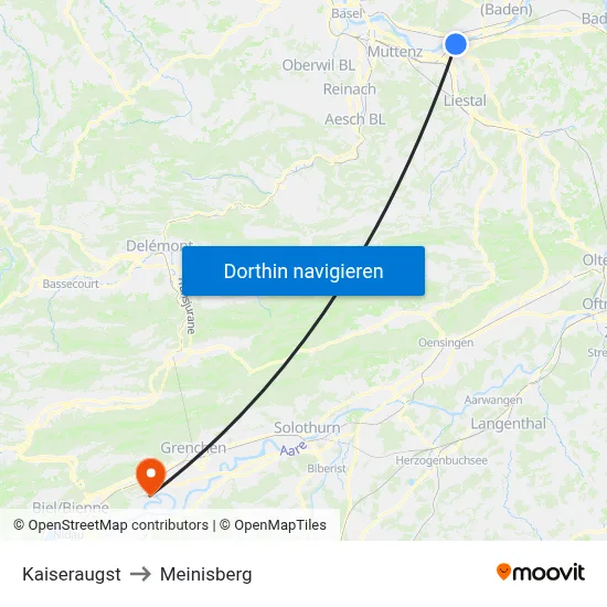 Kaiseraugst to Meinisberg map