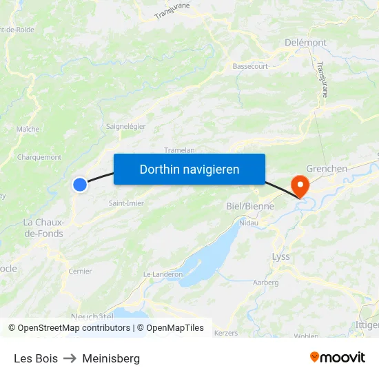 Les Bois to Meinisberg map