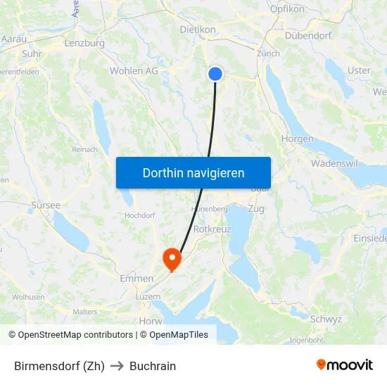 Birmensdorf (Zh) to Buchrain map