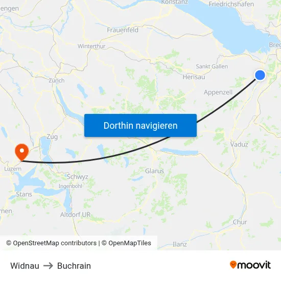 Widnau to Buchrain map