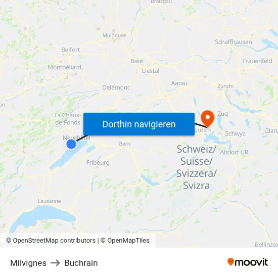 Milvignes to Buchrain map