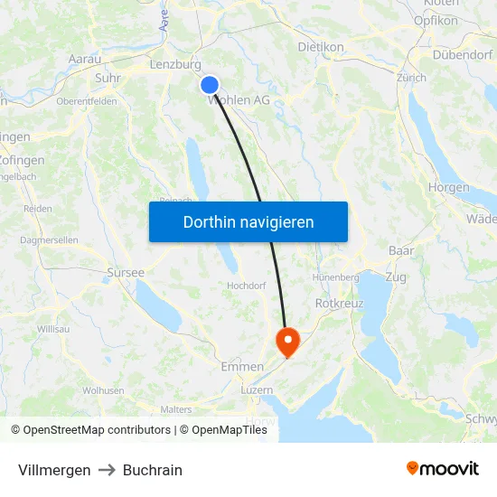 Villmergen to Buchrain map