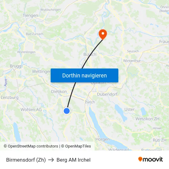 Birmensdorf (Zh) to Berg AM Irchel map