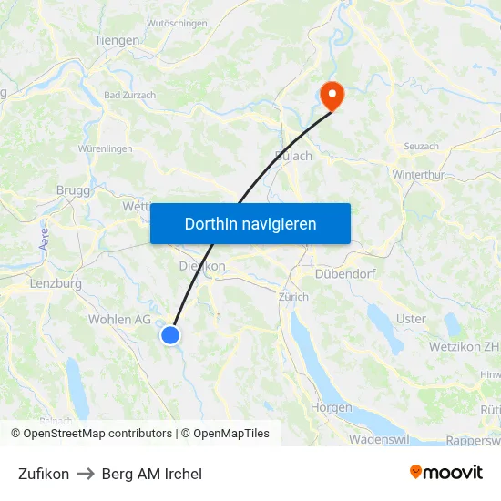 Zufikon to Berg AM Irchel map