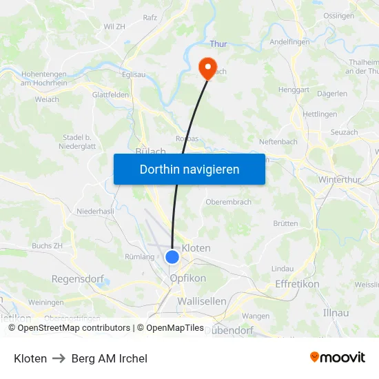 Kloten to Berg AM Irchel map