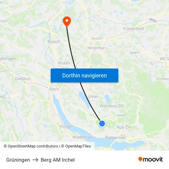 Grüningen to Berg AM Irchel map