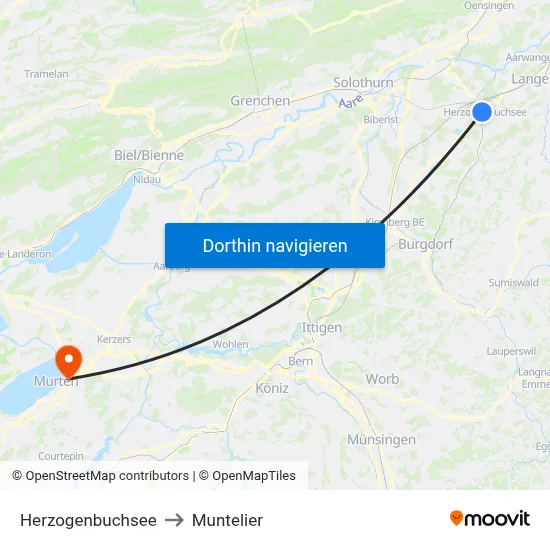 Herzogenbuchsee to Muntelier map