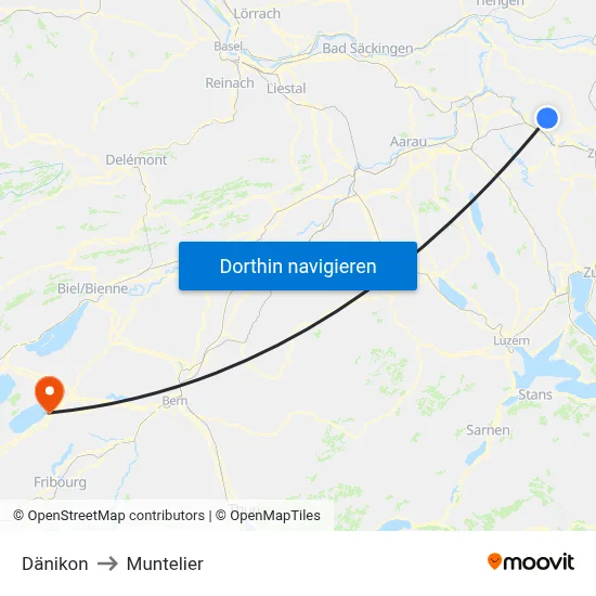 Dänikon to Muntelier map