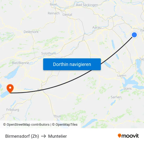 Birmensdorf (Zh) to Muntelier map