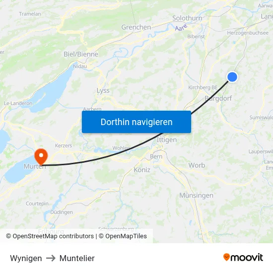 Wynigen to Muntelier map