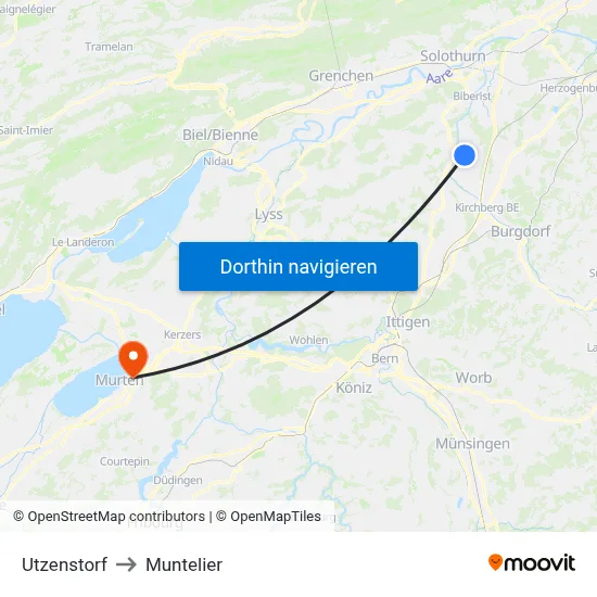 Utzenstorf to Muntelier map