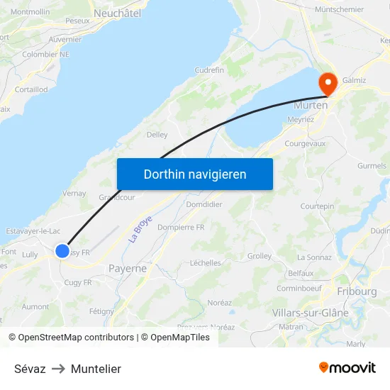 Sévaz to Muntelier map