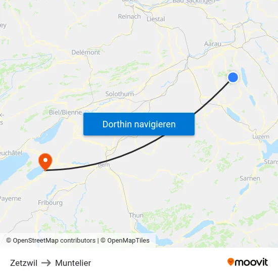 Zetzwil to Muntelier map