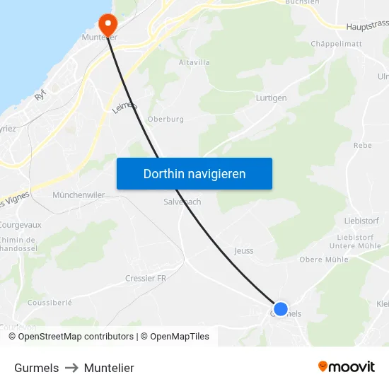 Gurmels to Muntelier map