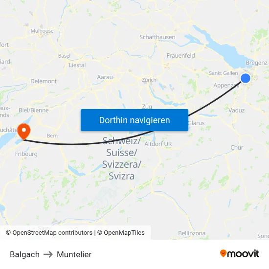 Balgach to Muntelier map
