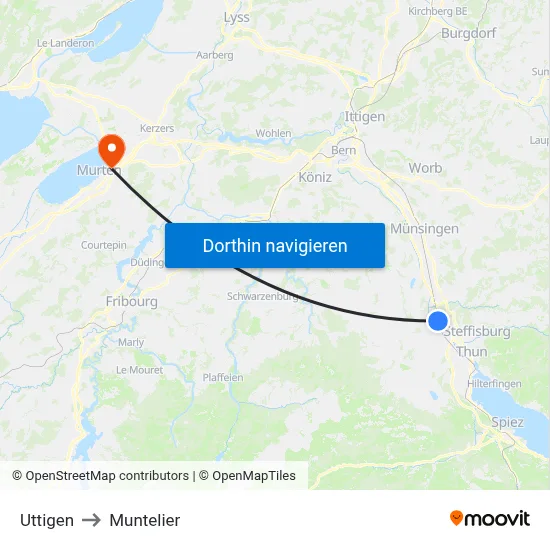 Uttigen to Muntelier map