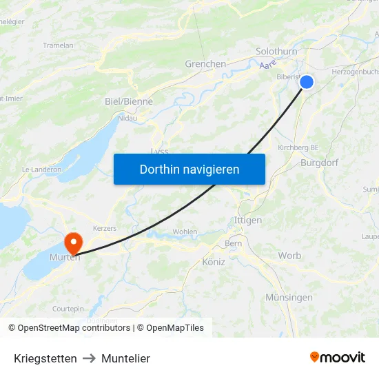 Kriegstetten to Muntelier map