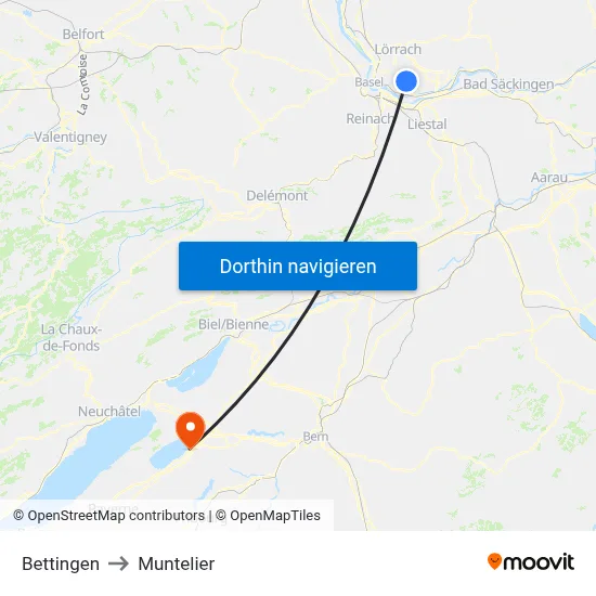 Bettingen to Muntelier map