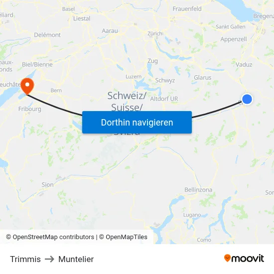 Trimmis to Muntelier map