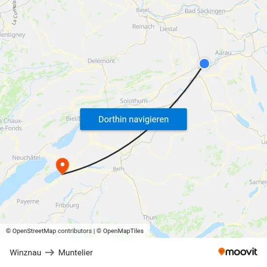 Winznau to Muntelier map