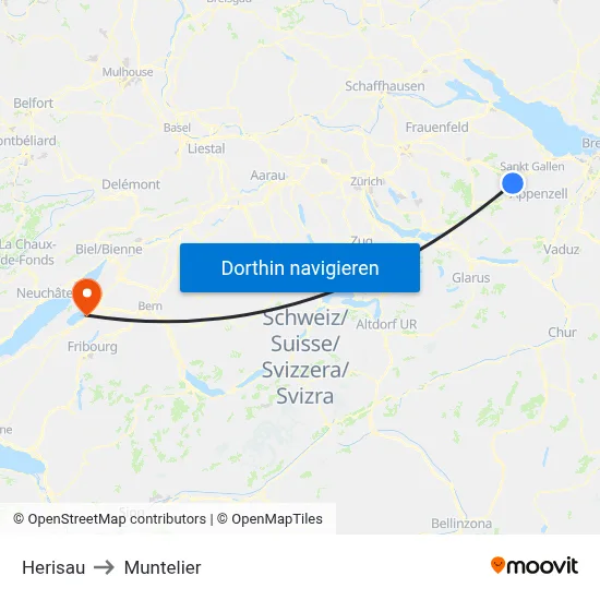 Herisau to Muntelier map