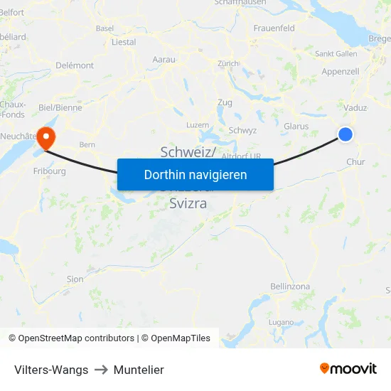 Vilters-Wangs to Muntelier map