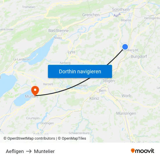 Aefligen to Muntelier map