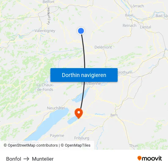 Bonfol to Muntelier map