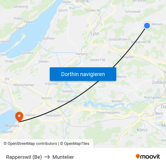 Rapperswil (Be) to Muntelier map
