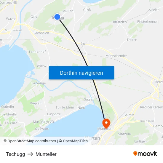 Tschugg to Muntelier map