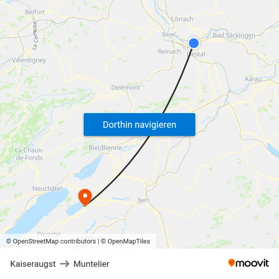 Kaiseraugst to Muntelier map