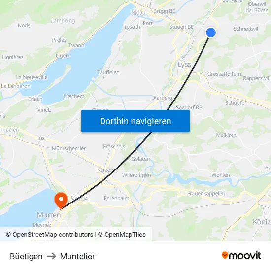 Büetigen to Muntelier map