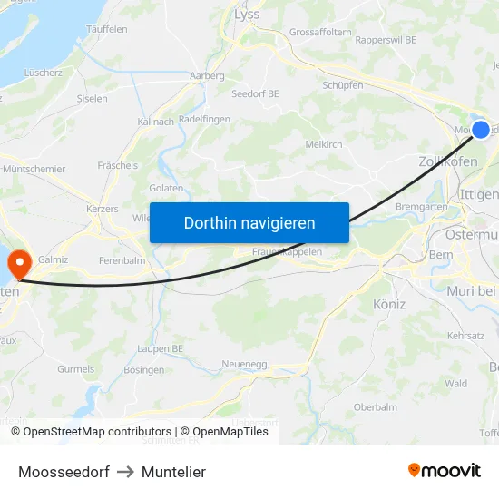 Moosseedorf to Muntelier map
