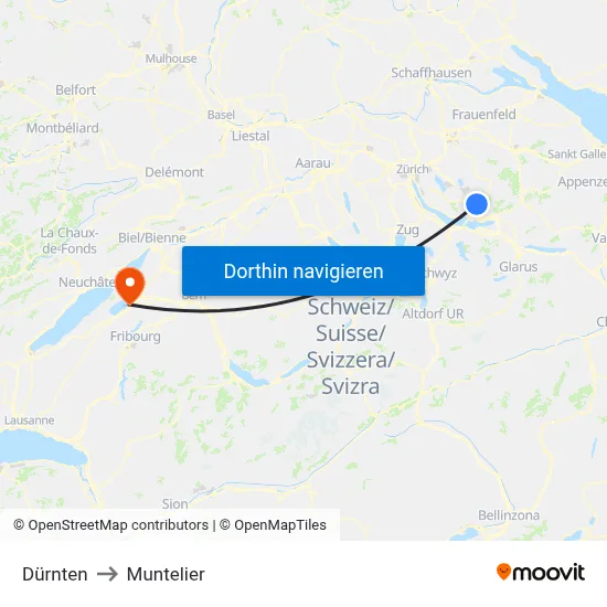 Dürnten to Muntelier map