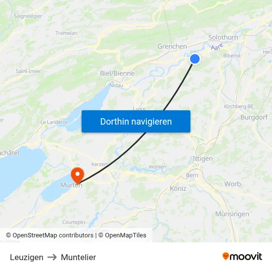 Leuzigen to Muntelier map